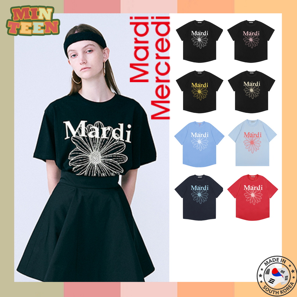 [จัดส่งภายใน 24 ชั่วโมง] Mardi Mercredi SLIM TSHIRT FLOWERMARDI เสื้อผ้าผู้หญิง สีดำ นำเข้าจากเกาหลี ของแท้