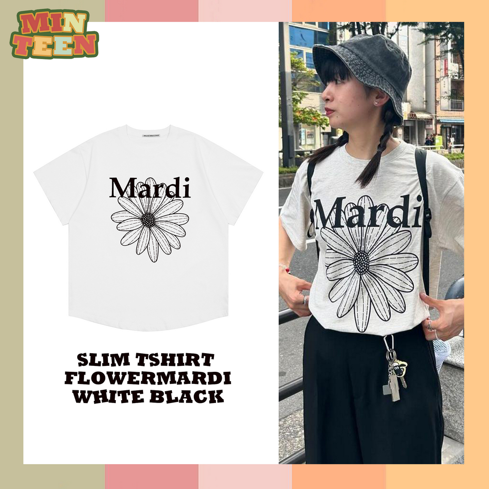 [จัดส่งภายใน 24 ชั่วโมง] Mardi Mercredi SLIM TSHIRT FLOWERMARDI White Black นำเข้าจากเกาหลี ของแท้