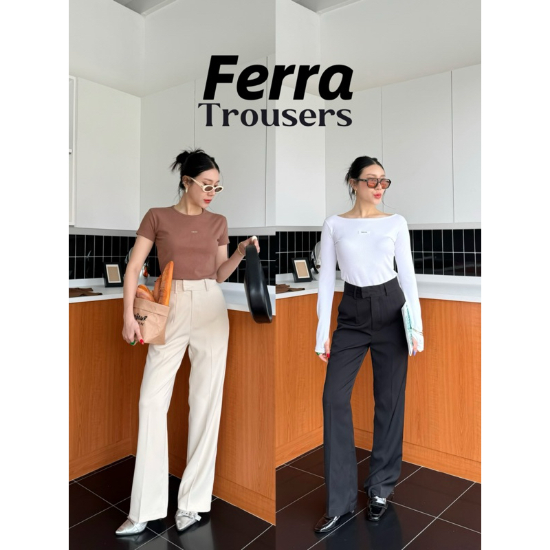 Ferra Trousers เฟอร์ร่า กางเกงขากระบอก ปลายขาม้าเล็ก เอวสูง ติดอะไหล่THESUNCO