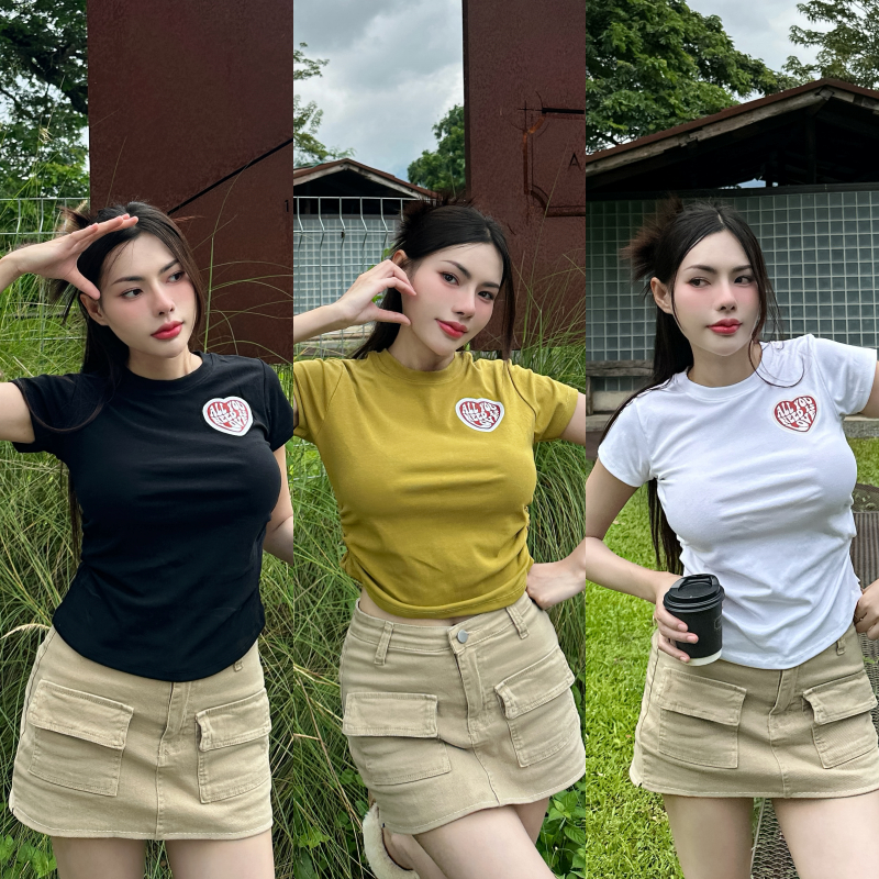 เสื้อยืดรัดรูปแต่งย่นข้าง สกรีนหัวใจแน่นๆ ทรงสวย ใส่แล้วพรางหุ่นมาก ใส่ได้ทุกโอกาส สาวอวบใส่ได้ รุ่น จั๊มเอวAllyou