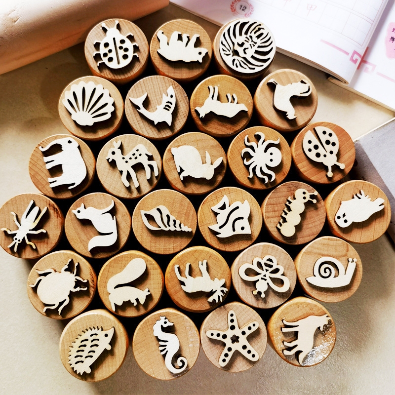 มีของ 28 แบบ เต็มเซต Montessori Wooden Stamp แสตมป์ไม้ ตัวปั๊มแป้งโดว์ ดินน้ำมัน