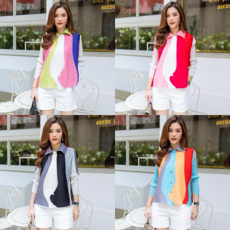 เสื้ออัดพลีทงานพรีเมี่ยม ลวดลายโค้งกราฟฟิคผสมผสานสีสันได้อย่างลงตัว ผ้ายืดหยุ่นทั้งตัวงานสวยมากค่ะ