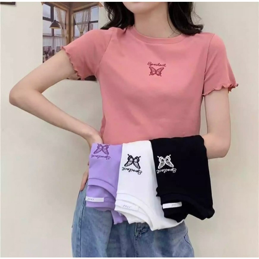 เสื้อยืดแขนสั้นในฤดูร้อนปี2022, เสื้อยืดแขนสั้น น่ารักๆ เสื้อลายปักผีเสื้อ พร้อมส่งจ้า