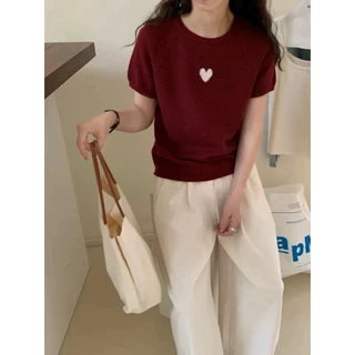 ส่งทันที Cici (A2310) เสื้อครอปคอกลมแขนสั้นไหมพรม detail ปักหัวใจ สไตล์ญี่ปุ่น วาเลนไทน์