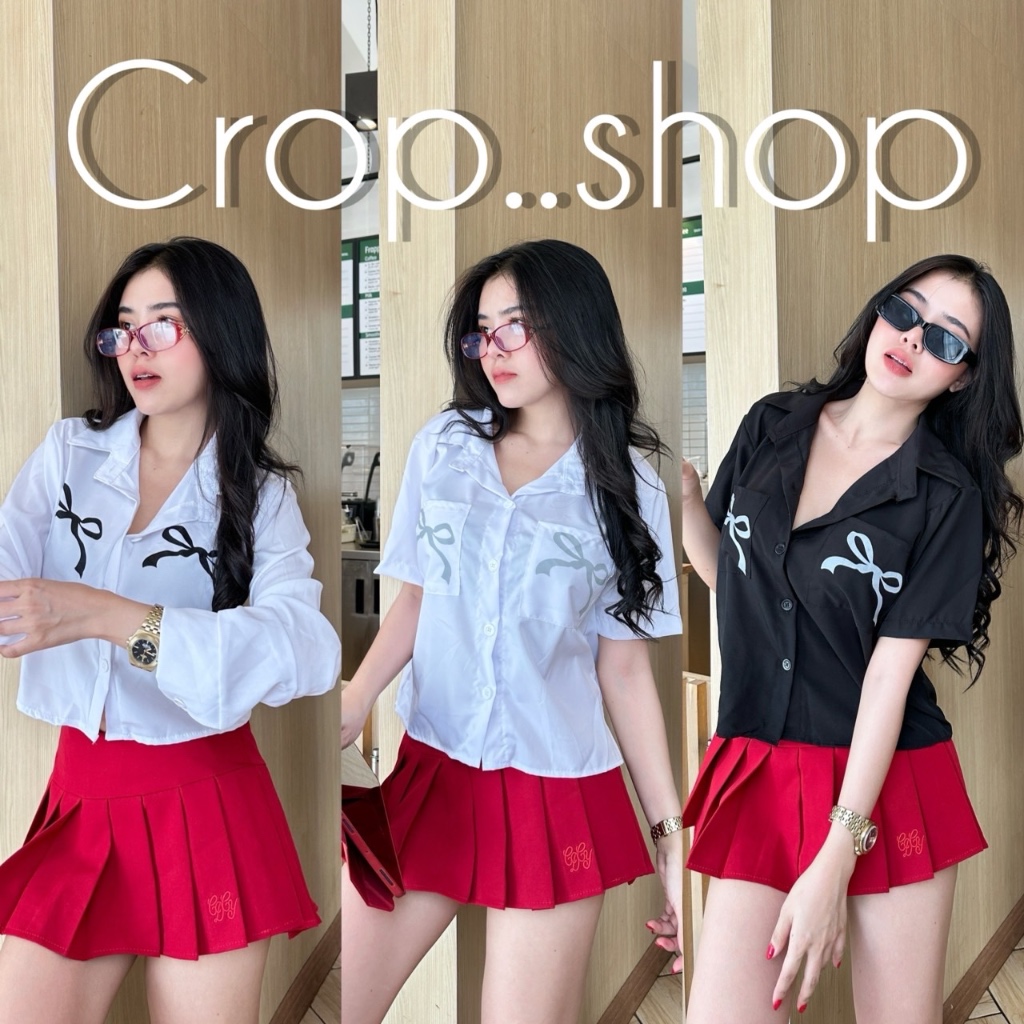 crop..shop เสื้อคอปกงานเก๊สุดๆ ลายโบว์ เเขนสั้น/เเขนยาว งานดีเท่น่ารักมาก ใส่เเล้วดูดี งานสวยมากจ้า