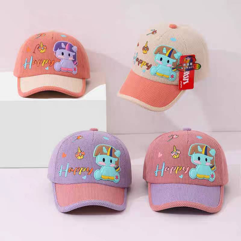 [พร้อมส่ง] หมวกเด็ก 1ปี - 6ปี รอบหัว:50-52 cm. หมวกแก๊ป (Cap) ผ้าลูกฟูกสีทูโทน แต่งลายการ์ตูนยูนิคอร์น หมวกแฟชั่นเด็ก