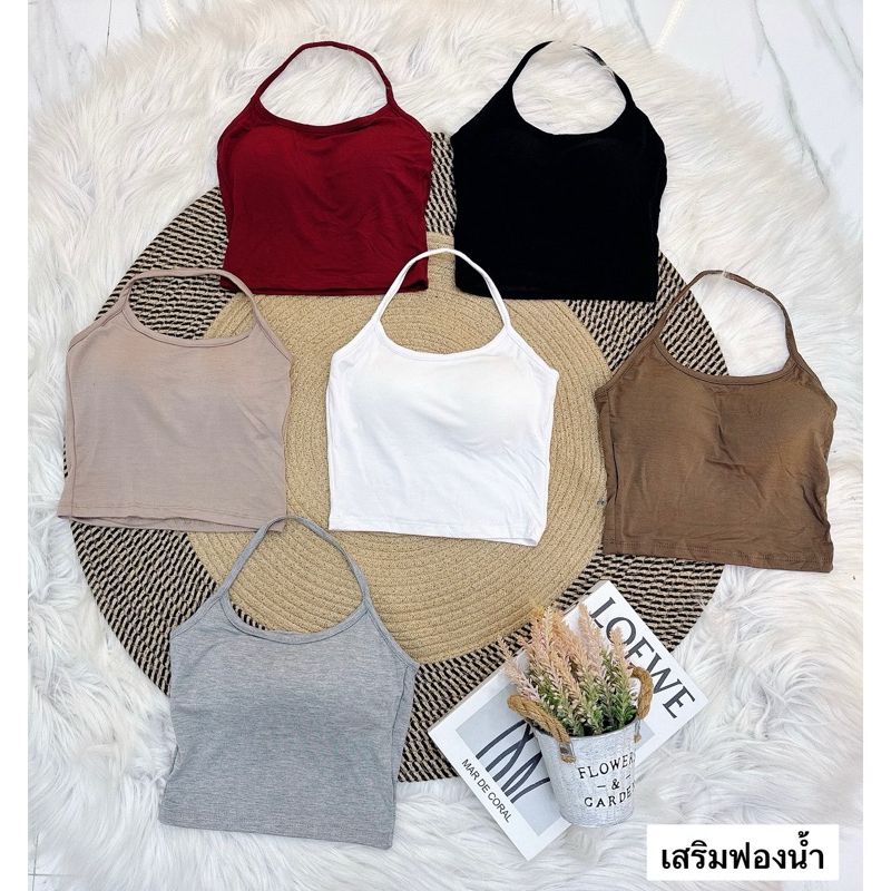 mnv_shop เสื้อครอปคล้องคอ เสริมฟองน้ำ ผ้าเรย่อน น่ารักมากกกใส่แล้วดูน่ารักแถมเช็กชี้ด้วยค่า