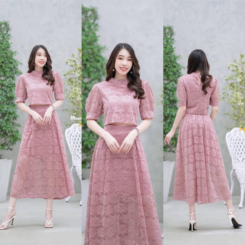 ชุดลูกไม้ ใส่งานบุญ งานบวช บวชนาค ใส่ไปงานเลี้ยง งานแต่ง ใส่เท ชุดเซตเสื้อครอป กระโปรงยาว  สีขาว ดำ ชมพู พร้อมส่ง