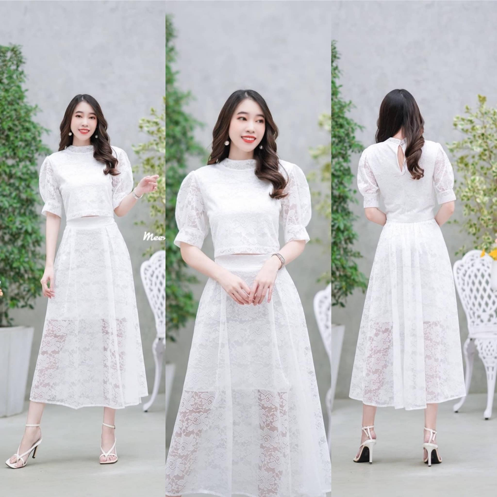 ชุดลูกไม้ ใส่งานบุญ งานบวช บวชนาค ใส่ไปงานเลี้ยง งานแต่ง ใส่เท ชุดเซตเสื้อครอป กระโปรงยาว  สีขาว ดำ ชมพู พร้อมส่ง