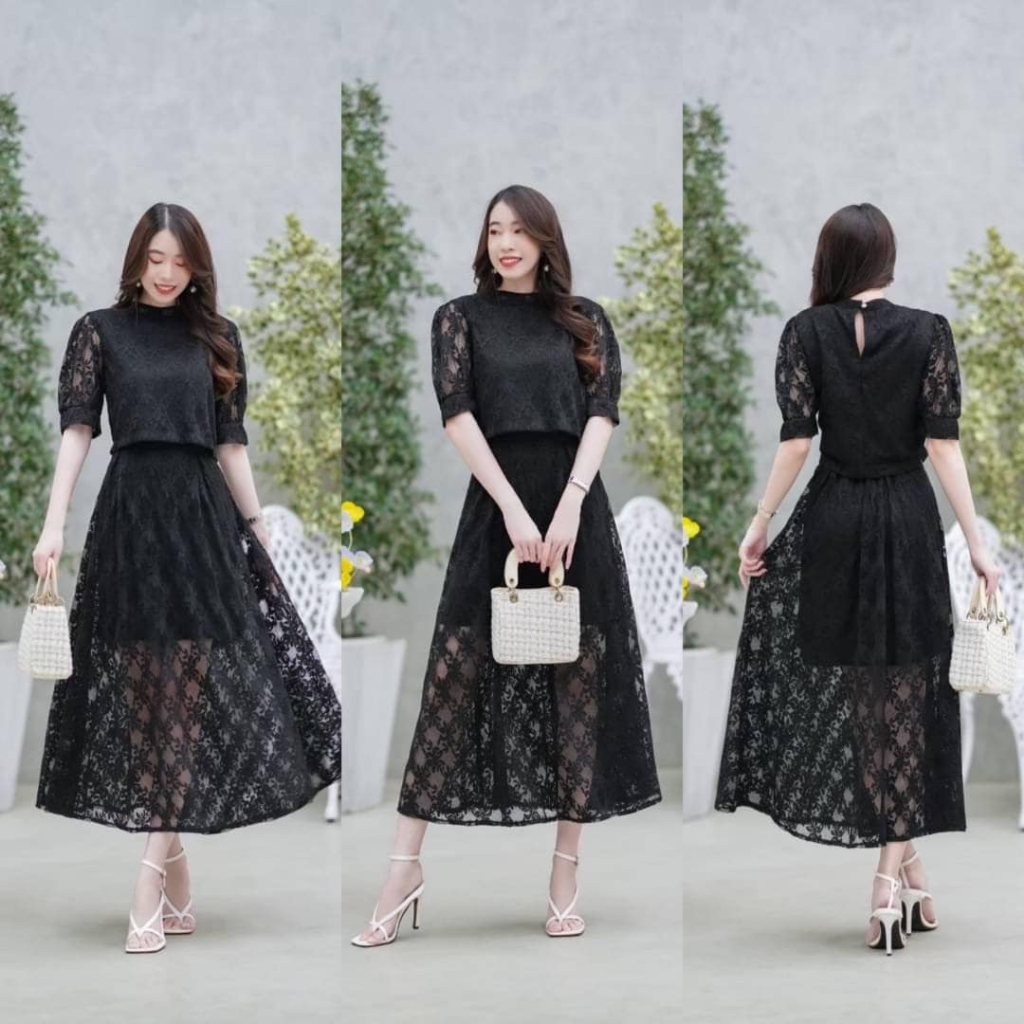 ชุดลูกไม้ ใส่งานบุญ งานบวช บวชนาค ใส่ไปงานเลี้ยง งานแต่ง ใส่เท ชุดเซตเสื้อครอป กระโปรงยาว  สีขาว ดำ ชมพู พร้อมส่ง