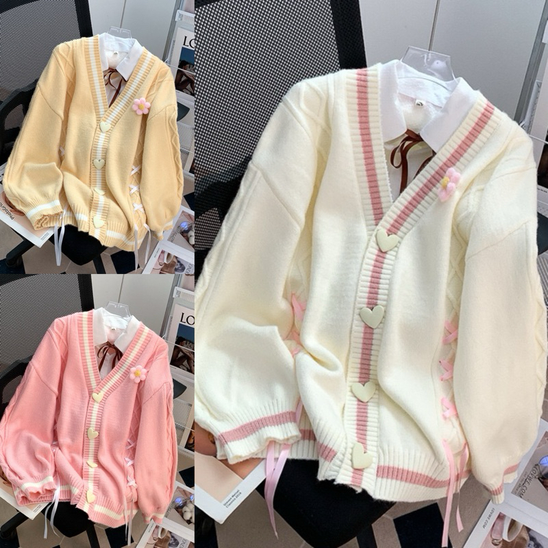 Pinkpass • พร้อมส่งจากไทย • เสื้อสเวตเตอร์ คาร์ดิแกน ใส่คลุม กันหนาวกระดุมหัวใจ