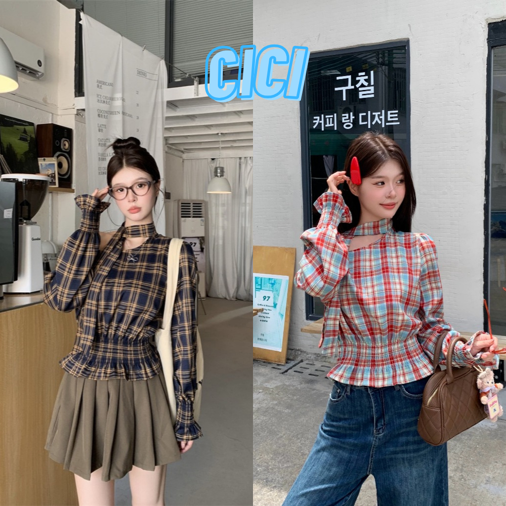 ส่งทันที Cici(NO. J1365) เสื้อครอปแขนยาวดีเทลปาดไหล่ข้างมีเชือกคล้องคอพร้อมดีเทลจ้ำตรงปลายแขนและจ้ำตัวสไตล์เกาหลี