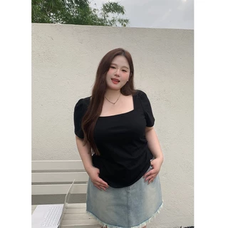 CC Plus+ (J1368)เสื้อไหมพรมคอเหลี่ยมแขนสั้นดีเทลจ้ำเอวสไตล์เกาหลี เหมาะสำหรับสาวพลัสไซส์