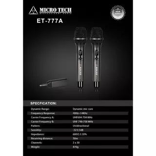 MICROTECH ET-777A ไมค์ลอยมือถือคู่ UHF รับสัญญาณ ไร้สาย 50ม. สำหรับเสียงมืออาชีพ ไมโครโฟน ET777A