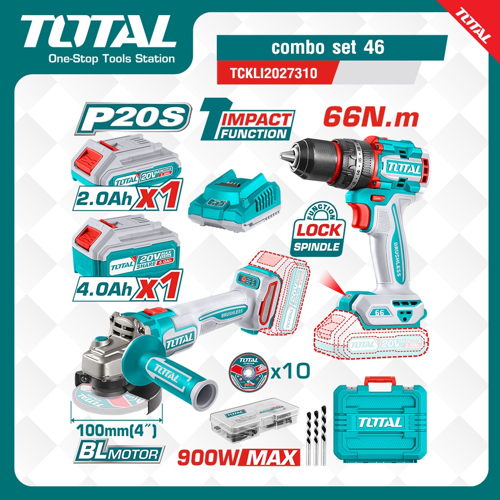 TOTAL COMBO SET ชุดที่ 46 (เครื่องเจียร+สว่านกระแทกแบต) #TCKLI2027310