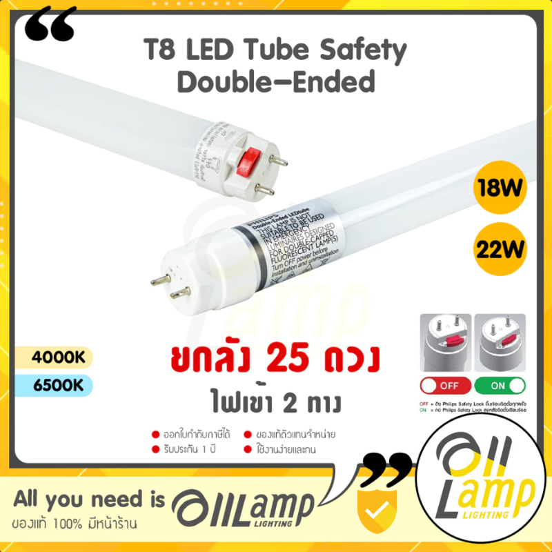 Philips (แพ็ค25หลอด) T8 นีออน LED 18w 22w หลอดนีออน ยาว 1200mm ไฟเข้าสองข้าง แอลอีดี Double-Ended