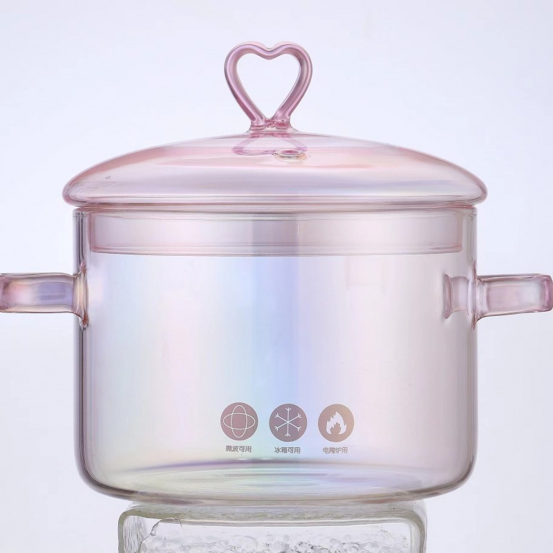 ซุปหม้อสตูว์หม้อแก้ว Borosilicate แก้วรักสีชมพูสองด้าน Stockpot Home ชามบะหมี่กึ่งสําเร็จรูปเตาเซรามิกไฟฟ้า