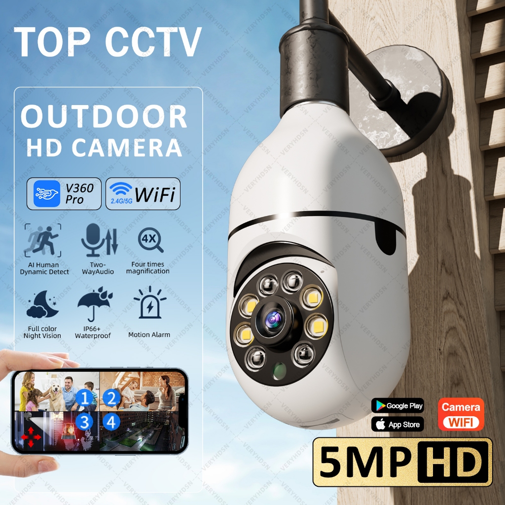 กล้องหลอดไฟ WiFi/ 360° กล้องวงจร ไร้สาย/ CCTV 5MP Full HD/ IP camera 4k สีกลางคืน