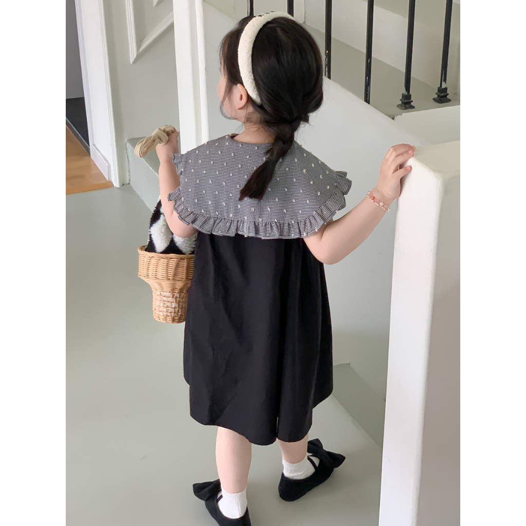 [BBC03] 🌷พร้อมส่ง🌷ชุดเดรสเด็กคอปกผู้หญิงสีกรมลายจุด ชุดเดรสเกาหลีมินิมอล