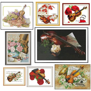 ชุดปักครอสติชพิมพ์ลาย ไวโอลิน ดนตรี ดอกไม้ เครื่องสาย (Violin and flower Cross stitch kit)