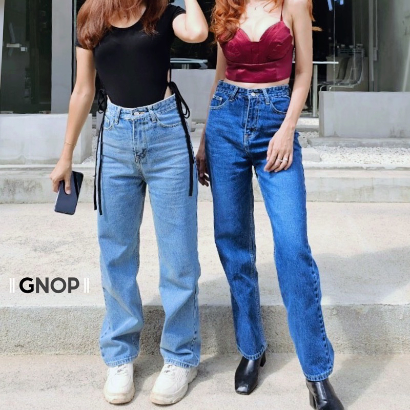 **ลดล้างสต็อก** (ไม่รับเปลี่ยน) GNOP กางเกงยีนส์ ขากระบอก ผ้าไม่ยืด เอวสูง ทรงสวย ฟอกสีสโนว์ 2 สี GN8003
