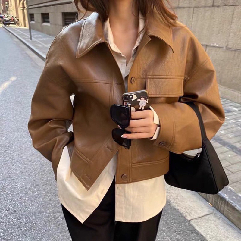 [พร้อมส่งในไทย] CD215 Jacket หนังpu ทรงoversize หนังเงาสวยมากค่ารุ่นนี้น่ารักไสตล์เกาหลี