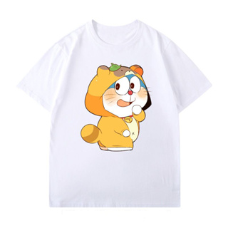 Doraemon เสื้อยืดแขนสั้นผ้าฝ้ายแท้สไตล์อะนิเมะฤดูร้อนสามารถสวมใส่ได้ทั้งชายและหญิง น่ารัก