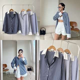 เสื้อเชิ้ตโอเวอร์ไซส์ คอปก/ปลายแขนสีขาว 2tone-oversize shirt