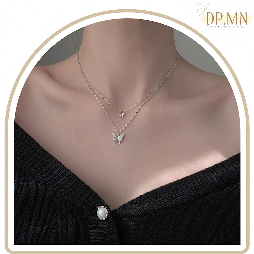 Butterfly Nifty 🦋สร้อยคอแฟชั่น เลเยอร์ 2 ชั้น ชุบทองคำขาว ประดับจี้รูปผีเสื้อเพชร CZ