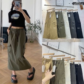 LADY_JEANS#007(📌ผ้าร่ม)(ใส่โค้ด LADYJS9 ลดทันที 15%)กระโปรงยาว คาร์โก้ เชือกรูดหน้า ผ้าร่ม ผู้หญิง พร้อมส่ง