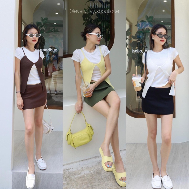 knitted look set (490฿ฟรีส่ง) ชุดเซท2ชิ้นเสื้อสายเดี่ยวไหมพรม+กระโปรงกางเกงไหมพรม โทนสีคิดมาให้แล้วแบบน่ารักลงตัว glam