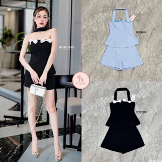 set2ชิ้น เสื้อคล้องคอแต่งโบว์ตรงหน้าอก+กางเกงขาสั้นเข้าชุด ป้าย bt studio