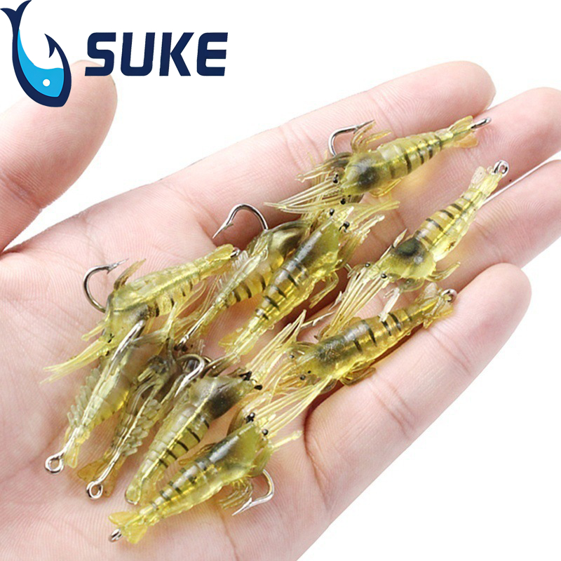 SUKE 10Pcs เหยื่อล่อปลาซิลิโคน แบบเรืองแสง รูปทรงกุ้ง 4 เซนติเมตร