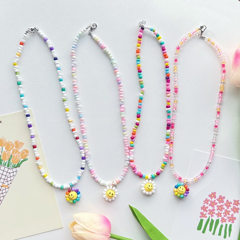 ꒰พร้อมส่ง꒱ Smile Bead Necklace  สร้อยคอลูกปัด สร้อยลูกปัดพาสเทลใส่ไปทะเล Handmade จี้เดซี่ยิ้ม มีแบบเยอะมาก