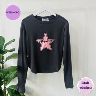 สินค้าขายดี มีสินค้าพร้อมส่ง เสื้อครอปแขนยาว คอกลม สีกลม(ลายดวงดาวชมพู) ทรงวินเทจ แบรนด์H.Mเกาหลี