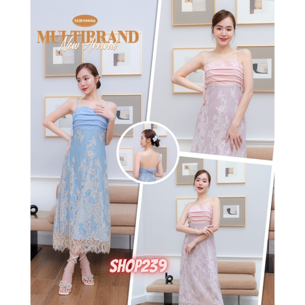 Iงานป้าย Multibrand 90006 {S-XL} (ป้ายแท้) มี 4 ไซส์ เดรสยาวสายเดี่ยวลูกไม้ + โบว์ติดผม