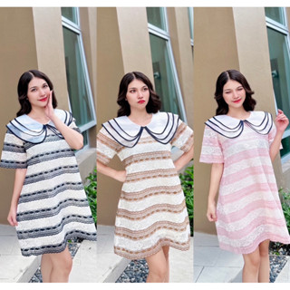 Classy Dress พร้อมส่ง เดรสคอบัวผ้าฉลุ แต่งปก3ชั้น แขนสั้น งานป้ายypy