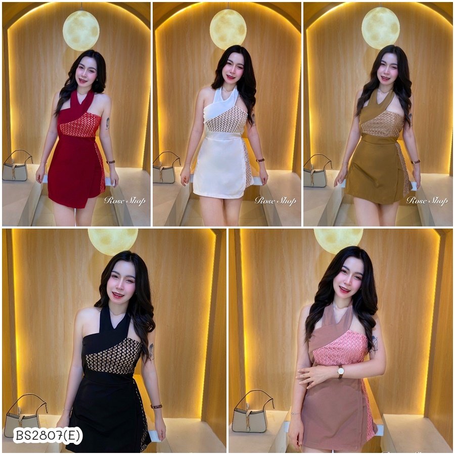 BS2807 จั้มสูทขาสั้น ทรงคล้องคอติดกระดุม 1 เม็ด อกและด้านข้างแต่ผ้าตาข่าย