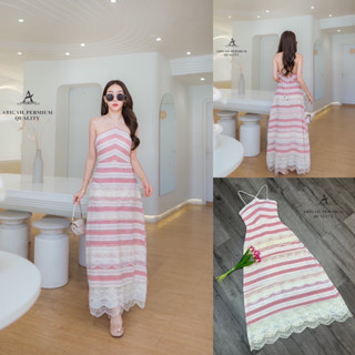 Code : M9 Abigail Dress ชุดเดรสยาวทอลายสลับสีแต่งลูกไม้ สำหรับผู้หญิง ไซส์ S-L