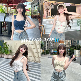 MELODY TOP🦋👜 พร้อมส่งด่วน! ส่งไว! สายเดี่ยวผ้ายีนส์ แต่งลูกไม้จับจีบอก เสื้อสายเดี่ยวครอป สม็อคหลังทรงเข้ารูป ลายน่ารักๆ