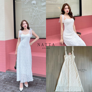 งานป้าย Natta Brand | งานใหม่ | ชุดเดรสยาวผ้าลูกไม้สีขาว แต่งดีเทลโบว์ตรงไหล่ 2 ข้าง ซิปซ้อนด้านหลัง | ขนาด S M L XL