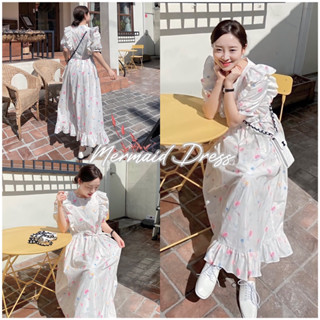พร้อมส่ง Mermaid Dress เดรสลายการ์ตูนนางเงือก โทนสีขาว แขนตุ๊กตา แต่งระบายข้าง กระโปรงยาว เดรสคอกลม งานป้ายypy