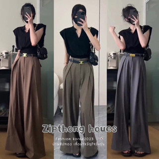 𝗭𝗜𝗣𝗧𝗛𝗢𝗡𝗚 กางเกงทรงลุงกระบอกใหญ่ขาบานเอวสูง+แถมเข็มขัด