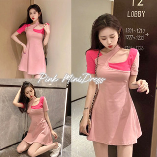 Pink Mini Dress พร้อมส่ง มินิเดรสสีทูโทน ชมพูหวานๆ ผ้ายืดใส่สบาย สไตล์คล้องคอ