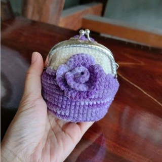 กระเป๋าสตางค์ใส่เหรียญปิ๊กแป๊ก ถักโครเชต์ ดอกกุหลาบ งานแฮนด์…