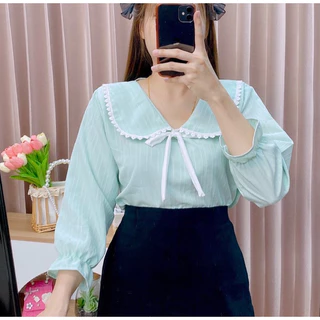 แฟชั่นคอบัวติดลูกไม้ขอบ เเขนยาว ผ้าพื้นร่อง อก40ยาว23