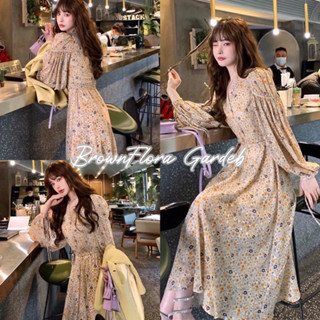 พร้อมส่ง Brown Flora Garden Maxi dress เดรสลายดอกไม้ ผ้าชีฟอง มีซับใน โทนสีน้ำตาล เดรสกระโปรงยาว งานป้ายbeidi