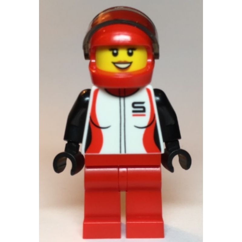 Lego Minifigure City cty1109 Race Car Driver, Female, Red and White Racing Jacket, Red Helmet and Legs