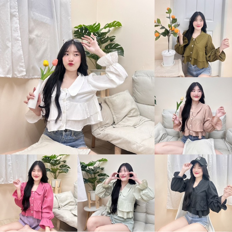 Ruby top เสื้อเชิ้ตคอปกแขนยาว ดีเทลระบาย 2 ชั้น(KA001)