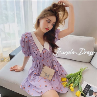 Purple Dress พร้อมส่ง เดรสคอบัวสีขาว พิมพ์ลายส้ม แต่งระบายช่วงตัว ชุดโทนสีม่วง ใส่แล้วน่ารักมาก เดรสลายผลไม้ งานป้ายypy